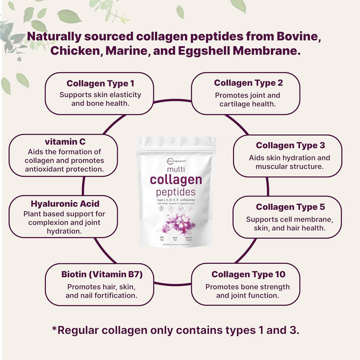 Micro Ingredients Multi Collagen Peptides Powder, 2lb | Type I, II, III, V, X + Biotin, Vitamin C & Hyaluronic Acid | Unflavored | Supports Hair, Skin & Joint Health | Keto, Non-GMO