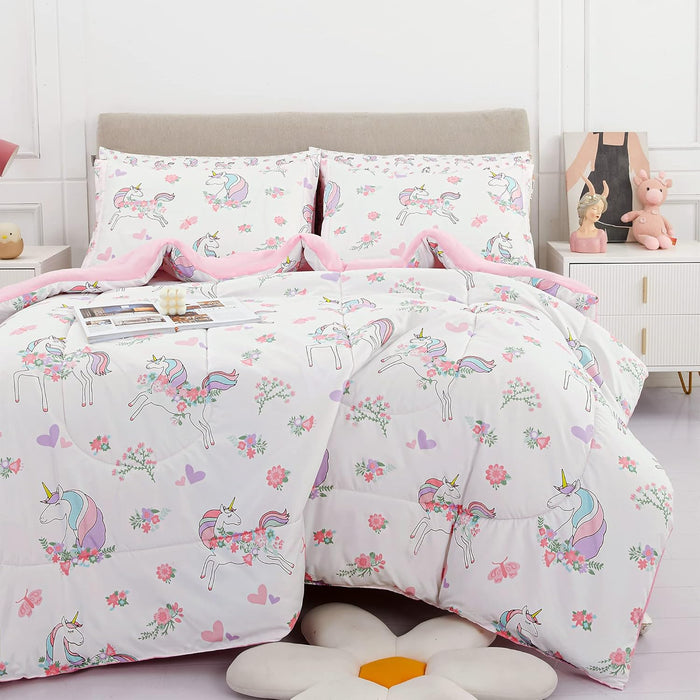 Viviland 5 Pieces Twin Pink Unicorn Comforter Set for Girls - Kids Brushed Microfiber Twin Bedding Set - Machine Washable Bed in A Bag with Soft Comforters, Sheet Set, Shams - Unicorn Love Heart