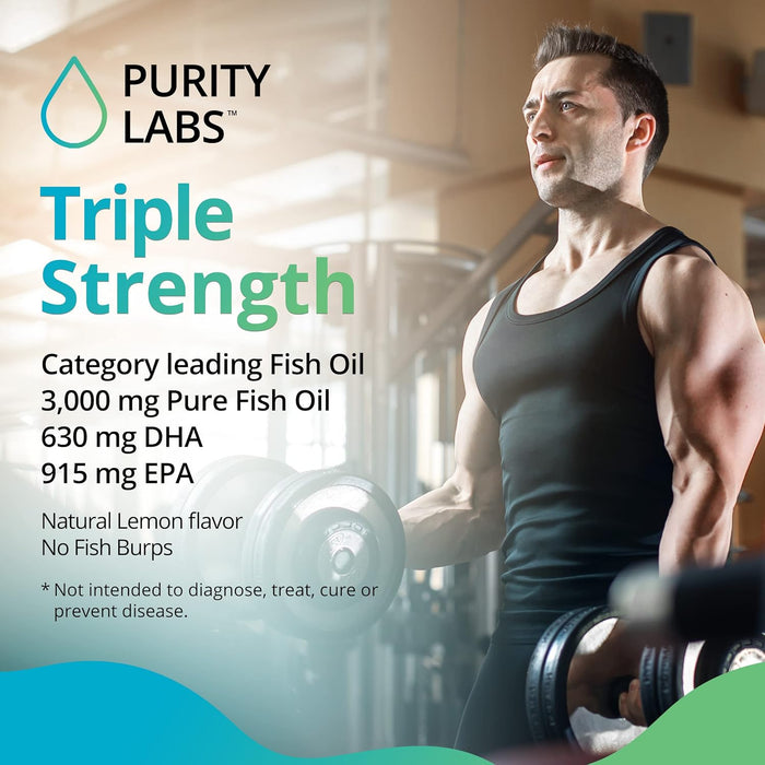 Purity Labs Omega 3 Fish Oil 3000mg – DHA & EPA Omega 3 Fatty Acid Supplements to Support Heart and Brain Health - Immune Support Supplement - 180 Softgels (60 Servings)