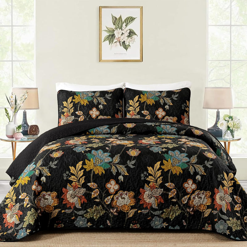 WONGS BEDDING Floral Quilt Set King Size, Grey Botanical King Bedspread Bedding Sets Soft Lightweight Microfiber Flower Gray Coverlet Set 3 Pieces for All Season (104"x90")