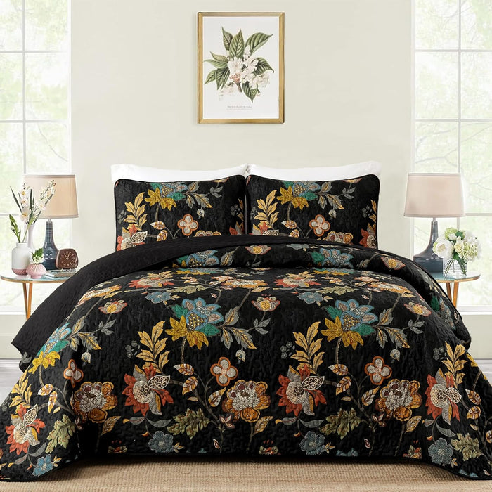 WONGS BEDDING Floral Quilt Set King Size, Grey Botanical King Bedspread Bedding Sets Soft Lightweight Microfiber Flower Gray Coverlet Set 3 Pieces for All Season (104"x90")