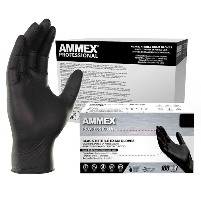AMMEX Black Nitrile Exam Gloves, Box of 100, 3 Mil, Size Small, Latex Free, Powder Free, Textured, Disposable, Non-Sterile, Food Safe, ABNPF42100BX