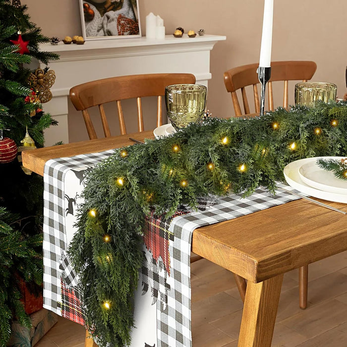2PCS 9FT Pre-lit Christmas Cedar Garland with 100 Lights, Full 240 Pine Branches, Realistic Faux Garland Artificial Greenery for Fireplace Table Mantle Wall Indoor Outdoor Winter Holiday Decorations