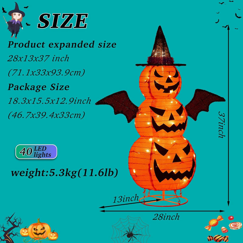 3FT-Halloween Decorations Outdoor – 37 Inch Collapsible Pumpkin Man with 40 LED Lights, Stretchable Pop Up Jack-o'-Lantern for Yard, Garden, Porch, Party Decor