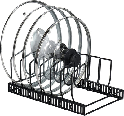 Toplife Pot Lids Organizer Rack for Cabinet and Countertop, 7+ Pan Lids and Bakeware Organizer Rack Holder with 7 Adjustable Compartments - Black