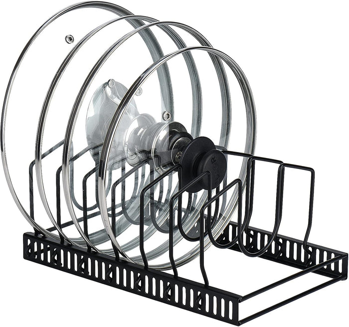 Toplife Pot Lids Organizer Rack for Cabinet and Countertop, 7+ Pan Lids and Bakeware Organizer Rack Holder with 7 Adjustable Compartments - Black