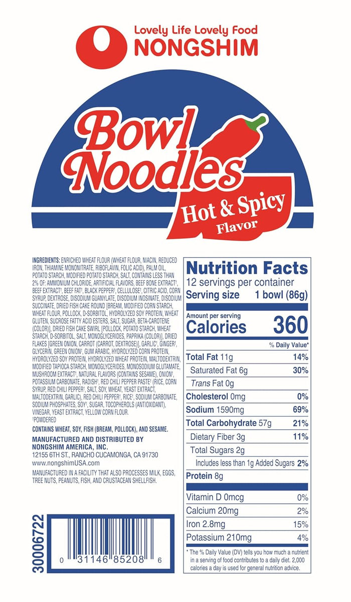 Nongshim Ramen Noodles, Gourmet Instant Ramen bowl, Premium Microwavable Noodle Soup, Hot & Spicy, 3.03 Ounce (Pack of 6)