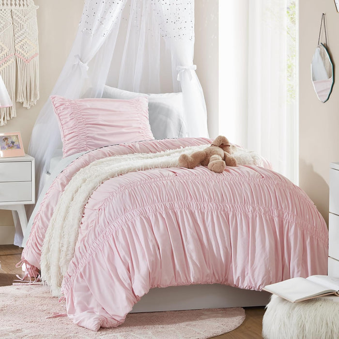 Intelligent Design Queen Comforter Set Ruched Shabby Chic Comforters for Queen Size Bed, All Season Lightweight Comforter Queen, French Country Bedding Set, Shams, Ella, Full/Queen, Pink 3 Piece