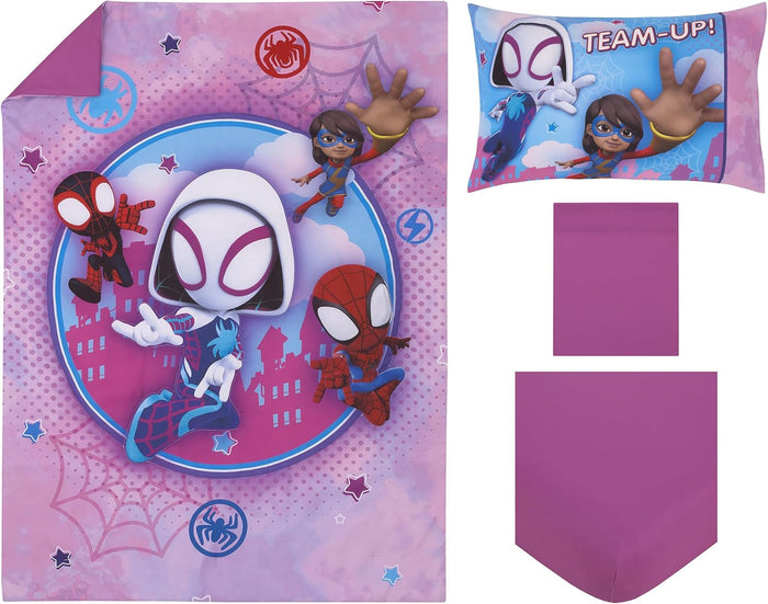 NoJo Marvel Spiderman Spidey and his Amazing Friends Spidey Time Red, Blue, and Grey 4 Piece Toddler Bed Set - Comforter, Fitted Bottom Sheet, Flat Top Sheet, and Reversible Pillowcase