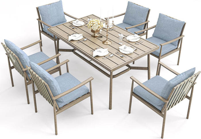 HAPPATIO 7-Piece Outdoor Dining Set for 6, Aluminum Patio Dining Set Includes 6 Swivel Dining Chairs and 1 Large Rectangular Table with Umbrella Hole, Patio Furniture Set for Lawn, Porch, Grey