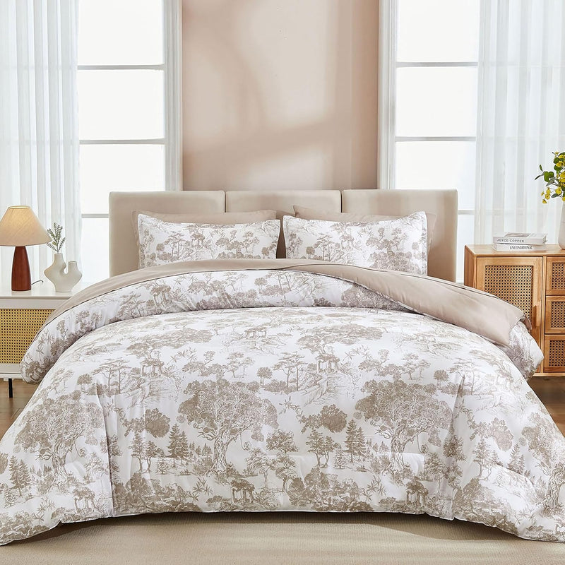 DJY Blue Comforter Set King, 7 Pieces Bed in a Bag King Size Botanical Comforters with Sheets Elegant Plants Print Soft Microfiber Reversible Complete Bedding Sets for All Season