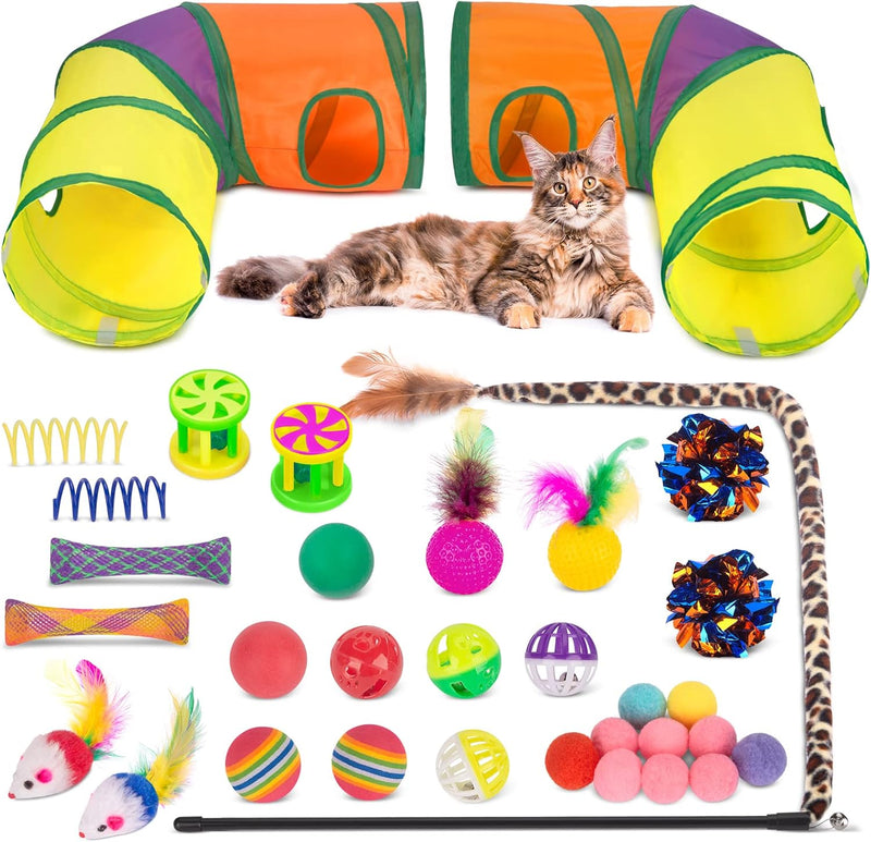 Retro Shaw Cat Toys Bundle 33 Pack, Interactive Kitten Toys for Indoor Cats Kitty with Collapsible Play Tunnel Tube Tent Feather Wand Teaser Bell Fuzzy Ball Springs Mouse Toy