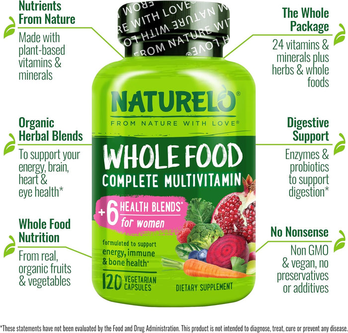 NATURELO Whole Food Multivitamin for Women - with Vitamins, Minerals, & Organic Extracts - Supplement for Energy and Heart Health - Non GMO - 120 Vegan Capsules
