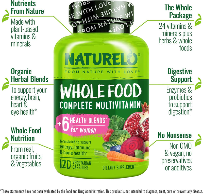 NATURELO Whole Food Multivitamin for Women - with Vitamins, Minerals, & Organic Extracts - Supplement for Energy and Heart Health - Non GMO - 120 Vegan Capsules