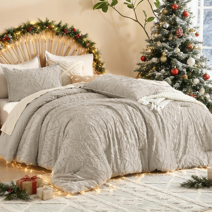 Litanika King Size Comforter Set Oatmeal, 3 Piece Khaki Boho Tufted Bedding, Beige Fluffy Farmhouse Bed Set for All Season with 2 Leaf Pattern Pillowcases（104x90In）