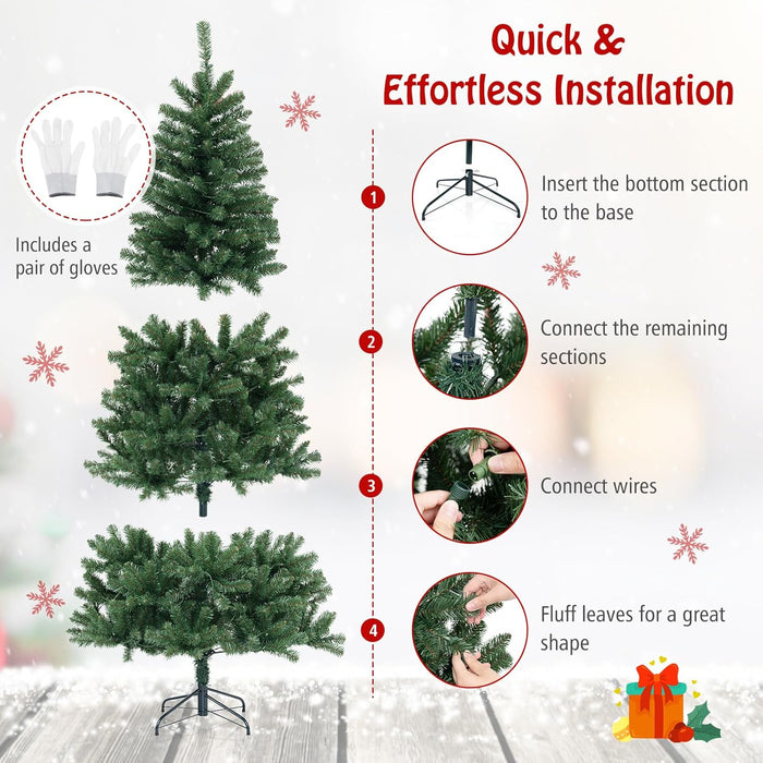 Goplus 7ft Pre-Lit Christmas Tree, Artificial Hinged Xmas Tree with 250 Warm White LED Lights, 8 Lighting Modes & Gloves, 830 PVC Branch Tips, for Home Office Decoration