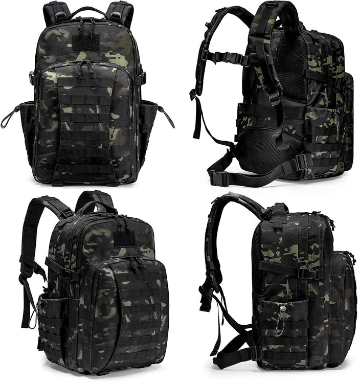 Tactical Backpack for Men, Military Army Rucksack 40L Large Molle Army Assault Pack with Bottle Holder, Day Pack Bug out Bag Survival Backpack for Hiking, Hunting, Travel, Camping, Black Camo