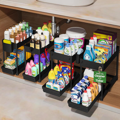 4 Pack Under Sink Organizer, Bathroom Organizers and Storage, 2 Tier Multi-Use Pull Out Cabinet Organizer with Hang Hooks and Cups (Black, 4 Pack)