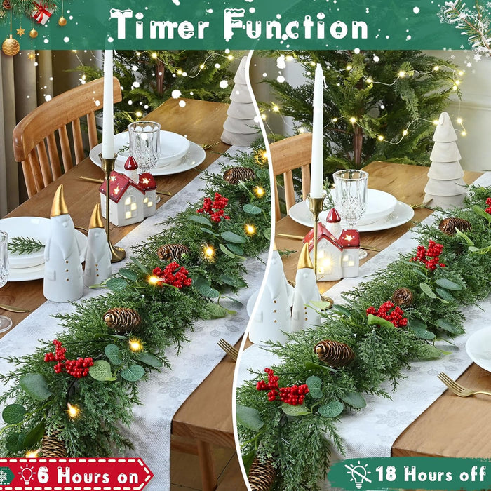 Waipfaru Christmas Decorations, 5.9FT Christmas Garland with Lights, Prelit Lighted Christmas Greenery Cedar Garland Cypress for Home Table Mantel Stair Railing Indoor Outdoor Xmas Decor