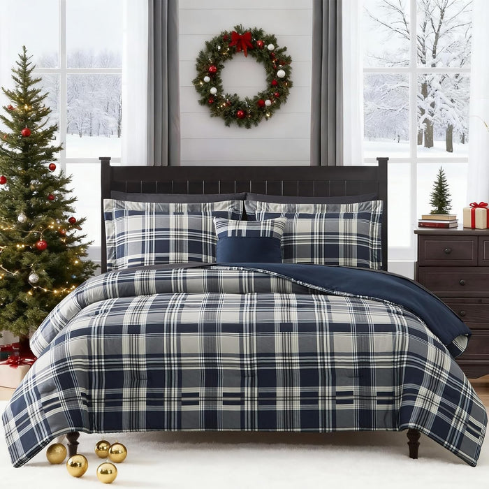 MaiRêve Queen Comforter Set, Plaid Design Comforter Set 7 Pieces, Comfortable Red Queen Bedding Sets Queen, Lightweight, Warm and Breathable (Red, Queen, 90"x90")
