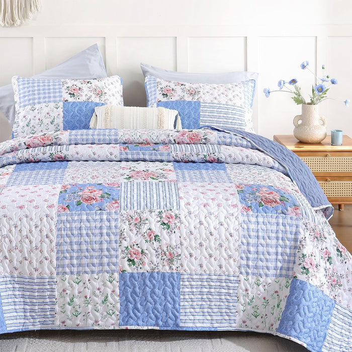 YIKUSH Quilt Sets Queen Size Floral Quilt Set 3 Pieces Bedding Set Bedspreads Pink Comforter Blanket with 2 Pillow Cases- Ultra Soft Floral Coverlet with Printed Pattern 90in.x 90in