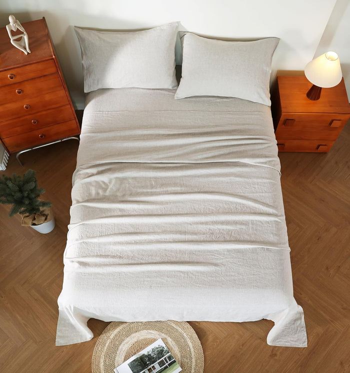 100% French Flax Linen Sheet Set, Bed Sheets Breathable and Durable, 4 Pcs Set - 1 Flat Sheet, 1 Fitted Sheet, 2 Pillowcases, 16 Inch Deep Pocket, All Season (Natural Linen, King)