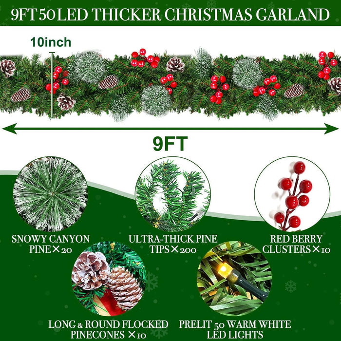 Timer - 9Ft by 10 Inch Prelit Christmas Garland Decoration with 50 Warm White LED Battery Operated Lighted Garland, 200 Branches 20 Canyon Pine Berry Pinecone, Xmas Stair Home Fireplace Outdoor Indoor