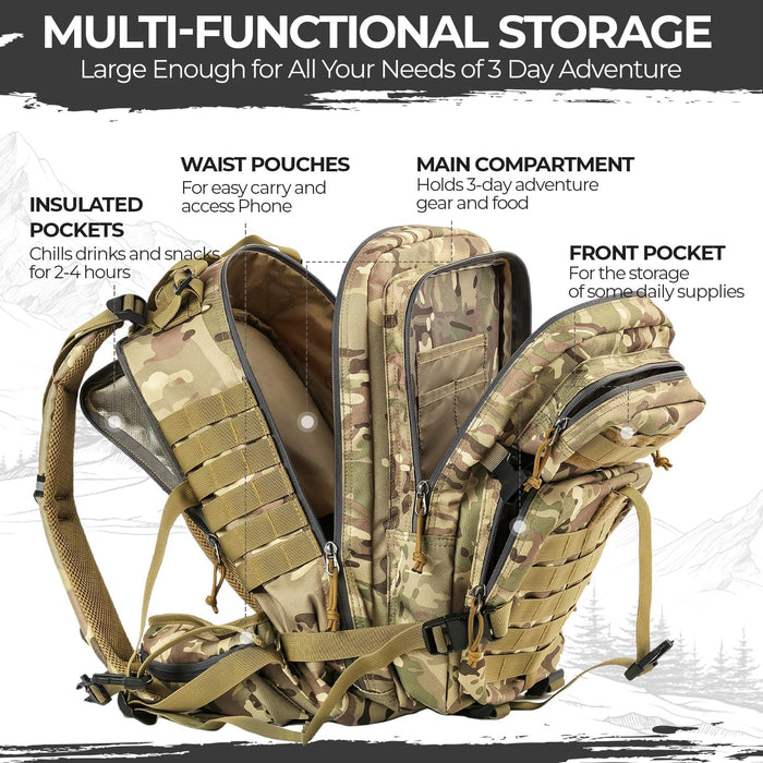 Outdoor Tactical Backpack Military for Men - Army Style MOLLE Survival Rucksack - 3 Day Assault Pack for Travel Hiking Hunting Camping Gym Camouflage Tan