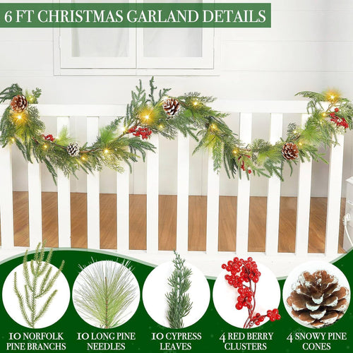 6 Ft Pre-lit Christmas Garland with Lights Timer, Real Touch Norfolk Pine Garland Green Cedar Garlands Pine Needle Cypress Leaves Pinecone Red Berries Lighted Garland for Fireplace Table Xmas Decor