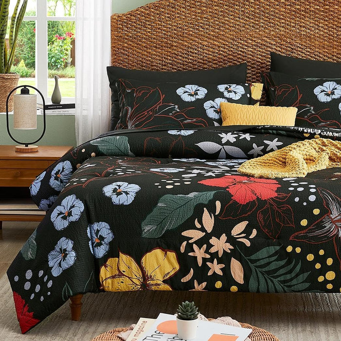 CASAAGUSTO Queen Comforter Set, 7 PCS Pinkish Floral Comforter Set with Flowers Leaves Pattern, Soft Seersucker Design All Season Queen Size Bedding Set(80"X90")