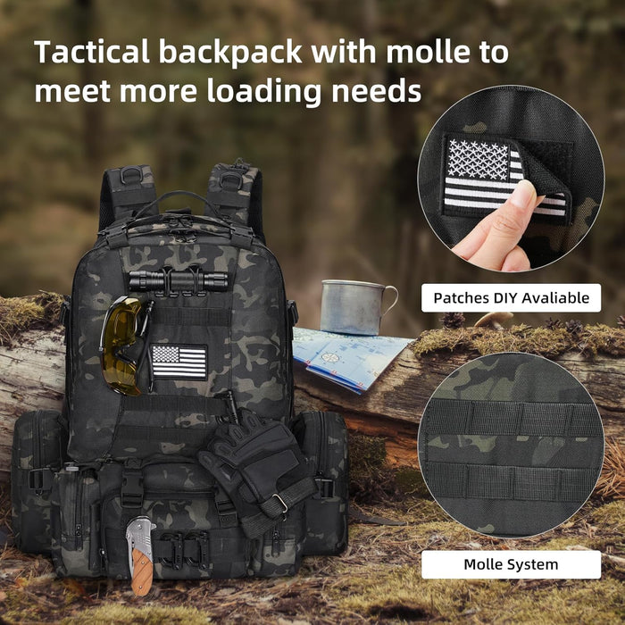 60L Tactical Military Backpack Large Capacity Army Rucksack with Detachable Molle Pouches for Men and Women (Black Camo, Large)