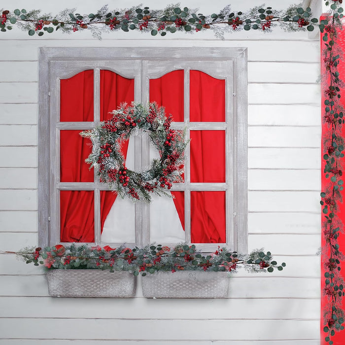 LOHASBEE Christmas Garland, 6FT Festive Christmas Garland with Green Leaves, Red Berries, and Pine Cones - Perfect for Christmas Holiday Decor Garden Gate Home Wall Window Stair Decor