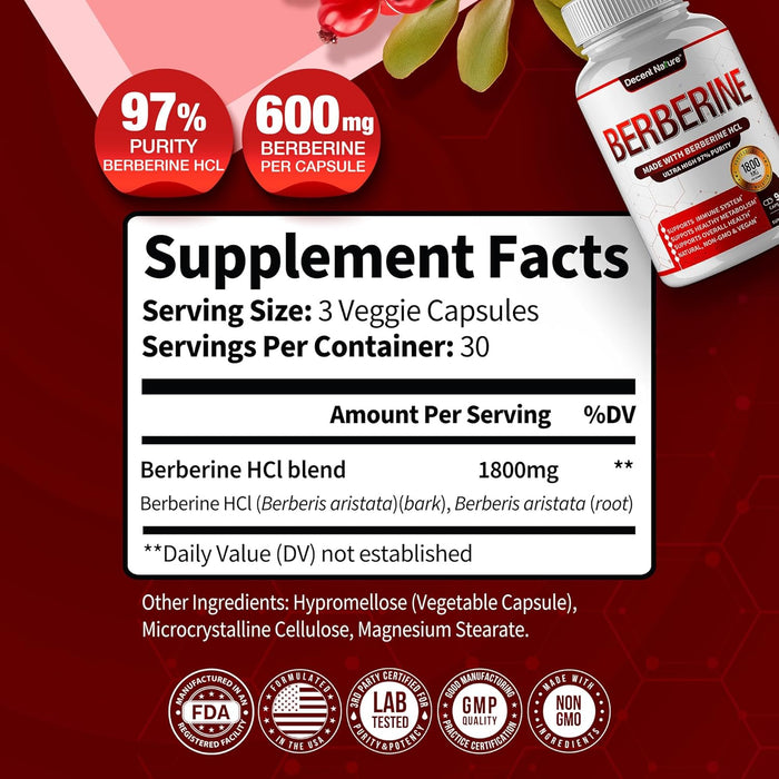Berberine Supplement 1800mg - Premium Berberine HCl 97% High Purity, Supports Immune System, High Potency Hydrochloride & Extract, Activates AMPK & GLP-1, Non-GMO Vegan, for Men Woman 90 Capsules