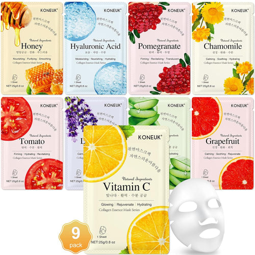 9 Pack Collagen Face Masks Skincare for Women, Hydrating Sheet Face Masks Suitable for All Skin Types, Bulk Facial Masks for Women Skin Care, Face Mask Gifts Set for Spa Party