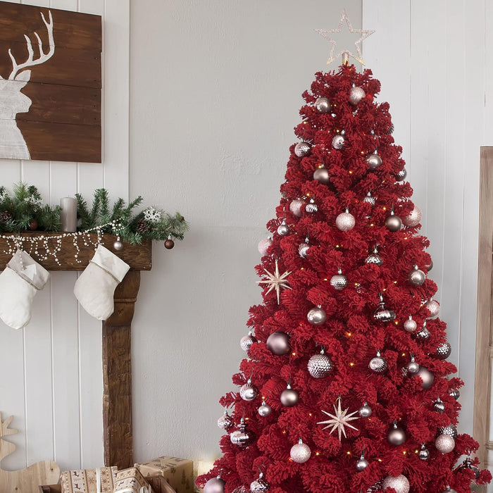 KI Store Flocked Red Christmas Tree 6ft Artificial Xmas Tree with Flocking Red Snow Unlit for Voluntines Day Xmas Decor