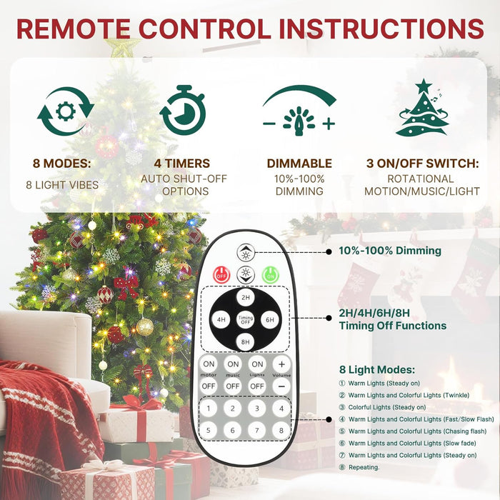 6.5FT Pre-Lit Artificial Full Christmas Tree with 360° Rotating Musical Base, Green Spinning Xmas Tree Holiday Festive Decor with Warm White & Multicolor Lights, 8 Lighting Modes, Timer