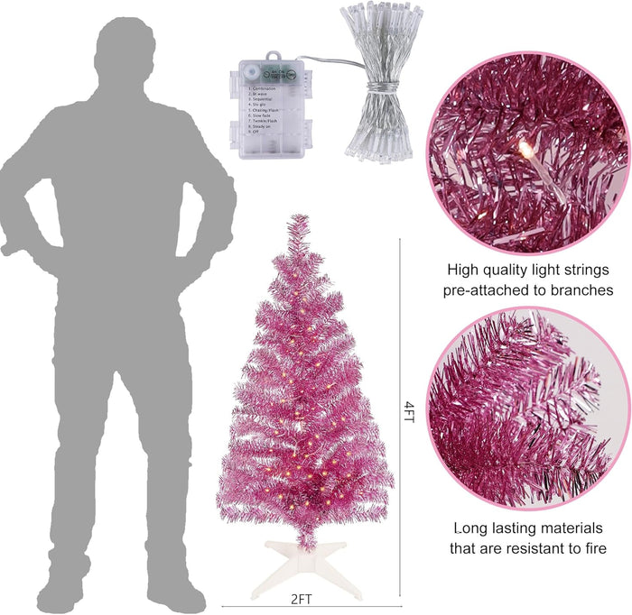 Juegoal 4 FT Pre-lit Artificial Christmas Tree, Lighted Tinsel Pencil Pine Spruce Trees with 70 Warm White LED Lights, 8 Lighting Mode & Timer for Xmas Holiday Party Decor (Pink)