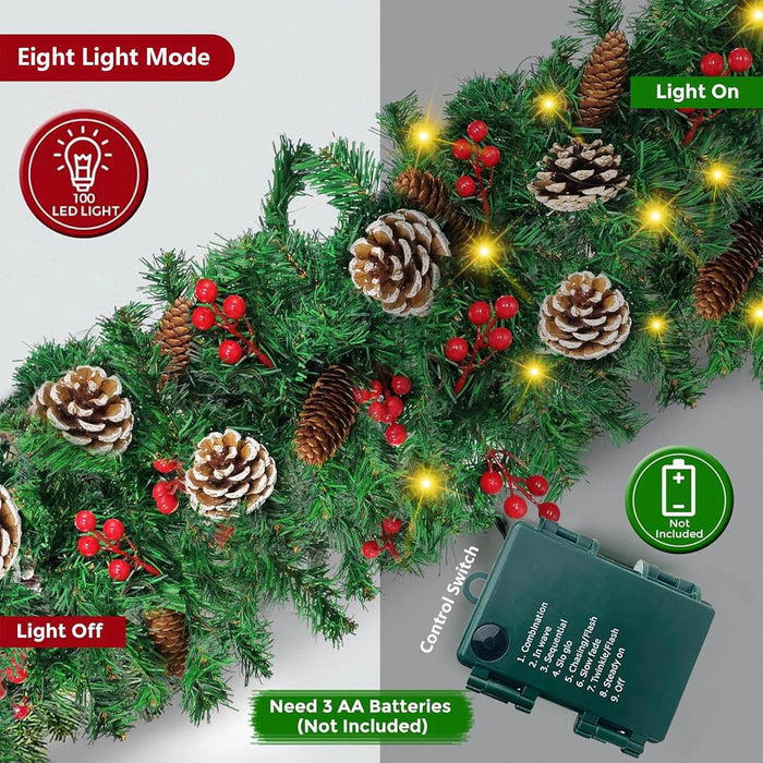 Christmas Garland, 12FT Prelit Christmas Garland with 100 LED Lights, Greenery Xmas Garland with 20 Pine Cones 90 Red Berry Christmas Decoration for Indoor Outdoor Home Mantel Fireplace