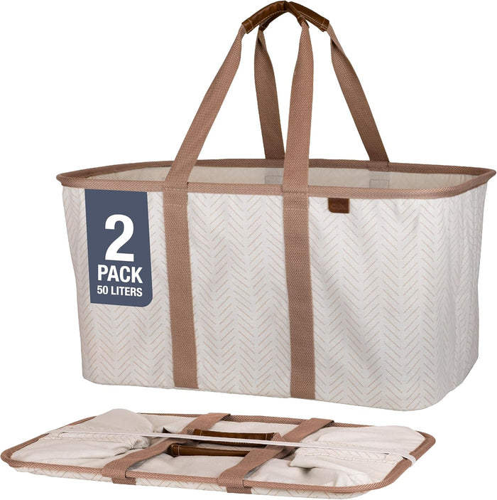 CleverMade Collapsible Laundry Tote - LUXE Mocha 2-Pack 50L - Foldable Storage Organization Container for Clothes Laundry Room Storage Solution