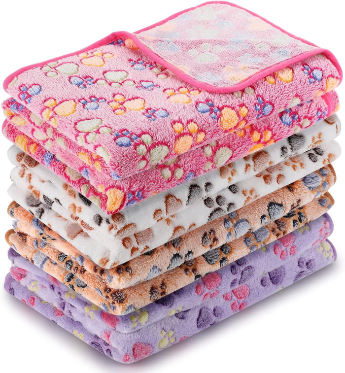 Tatuo 4 Pcs Dog Blanket for Pet Puppy Teething Toys Paw Print Fleece Blanket for Pet Cat Soft Warm Sleep Mat Guinea Pig Cage Mat(Small(24 x 16 Inch),White, Coffee, Pink, Purple)
