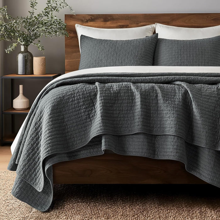 EVERGRACE Cotton Border Frame Tack-Stitch Quilt Bedding Set King Size, Coastal Oversized 3 Pieces Lightweight Bedspread Coverlet for All Season, with 2 Matching Shams, Blue Linen