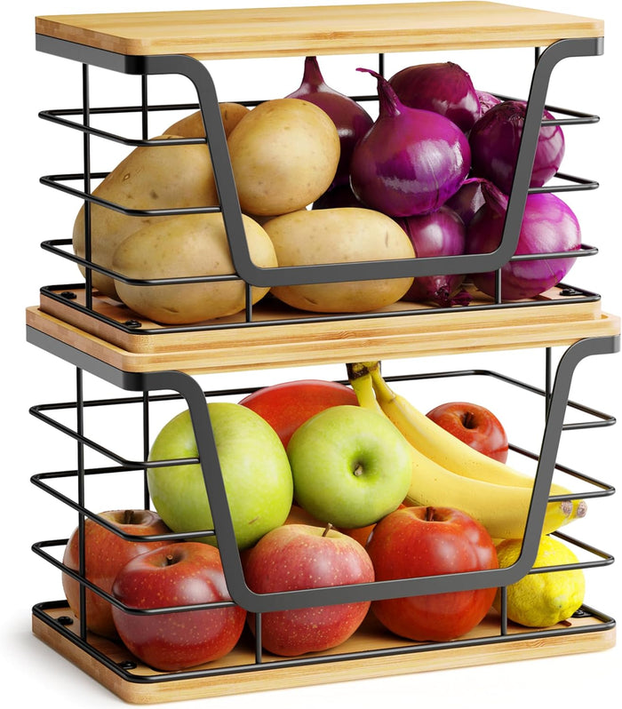 ALOCEO 2 Pack Storage Stackable Kitchen Laundry Organizers with Bamboo Top, Large Trash Bag Holder and Small Garbage Bag Dispenser for Countertop Organization