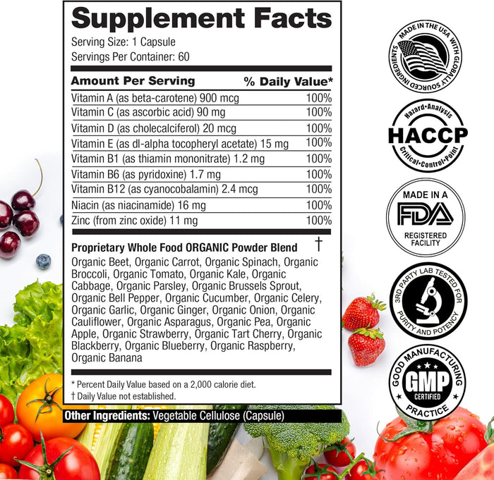 Vita Fruits and Veggies Capsules - 25 Superfood Ingredients, Fruit and Vegetable Multivitamin, 60 Count - For men and women - Vitamins A, C, D, E, B and Zinc