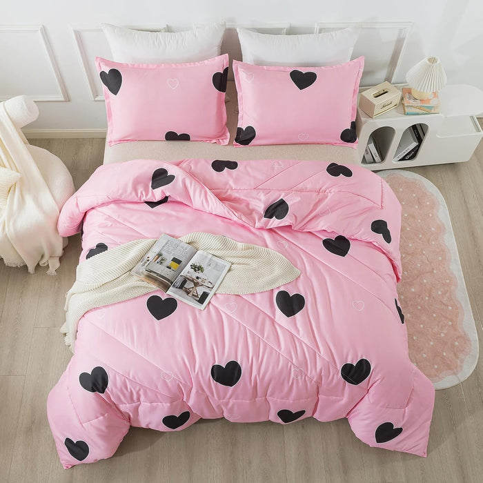 Caressma Love Pattern Girls Pink Comforter Set Full Size, Blush Pink Cute Love Heart Sexy Comforter Bedding Set for All Seasons, Geometric Microfiber 3 Pieces Comforter Set with Pillowcases