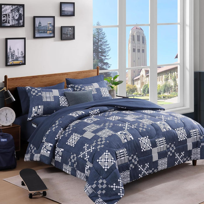 Full Size Comforter Sets, Khaki Green Plaid Bedding Set 7 Piece for Boys Girls Teen, Classic Homestead-Style Kids Comforter Set Bed in A Bag with Sheets, Pillowcases & Shams