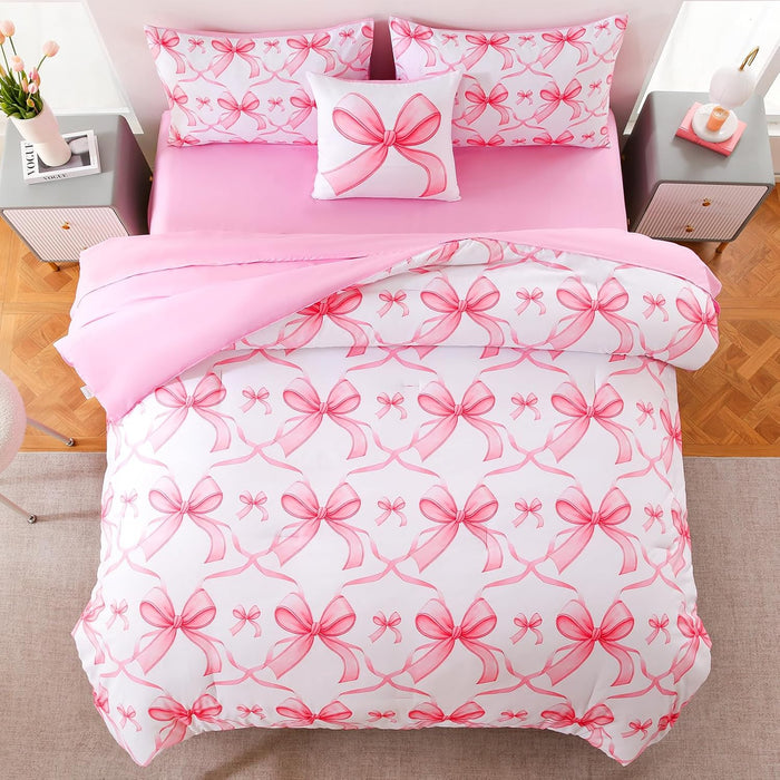 DORCAS Bow Comforter Set Full Bed in A Bag for Girls,6 Pieces Pink Bow Bedding Sets with Sheets for Kids