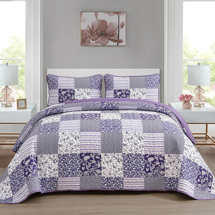 Mybedsoul Purple Quilt Set Queen Size,3 Pieces Boho Floral Plaid Bedspread Coverlet Set for All Season,Patchwork Reversible Bedding Set Queen 90"x96"