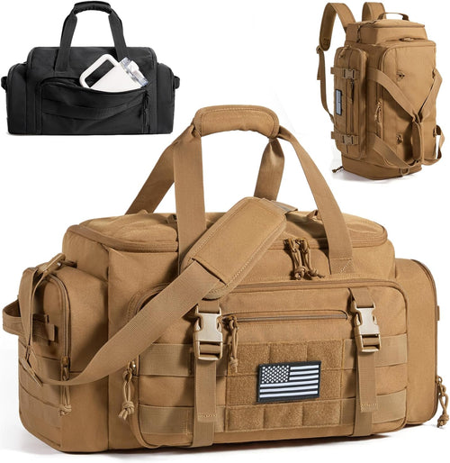 BAGSMART Tactical Gym Bag for Men, 33L Duffle Bag for Travel with Shoe Compartment, 4 in 1 Personal Item Tactical Backpack with 40oz Water Bottle Holder, Desert Khaki