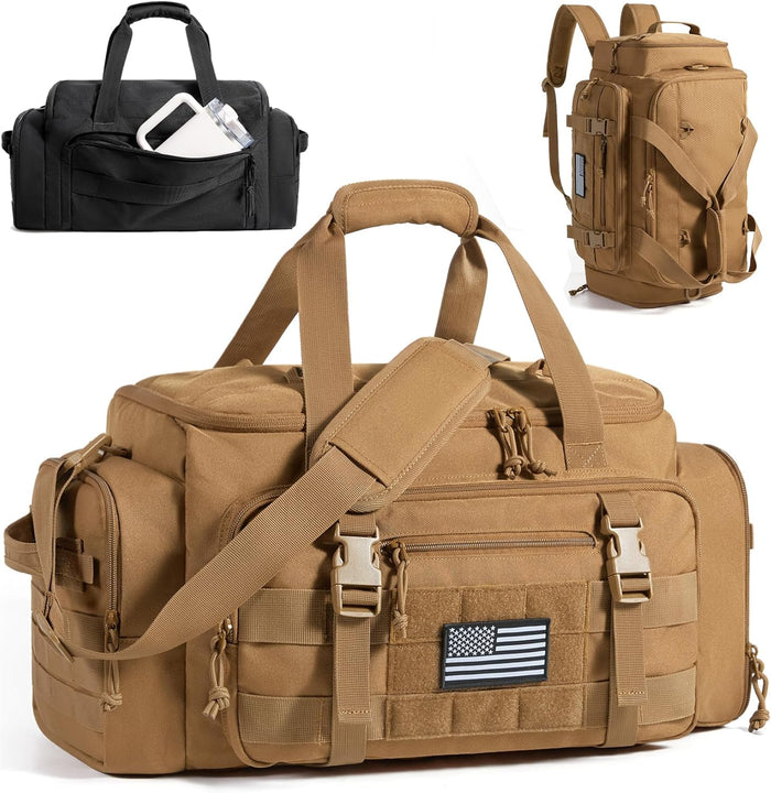 BAGSMART Tactical Gym Bag for Men, 33L Duffle Bag for Travel with Shoe Compartment, 4 in 1 Personal Item Tactical Backpack with 40oz Water Bottle Holder, Desert Khaki