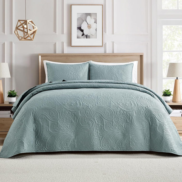 BOURINA Ultrasonic Quilt Set Bedspreads 3-Piece Bedding Set Pre-Washed Microfiber Ultra Soft Lightweight Flower Coverlet Set for All Season, Queen Taupe